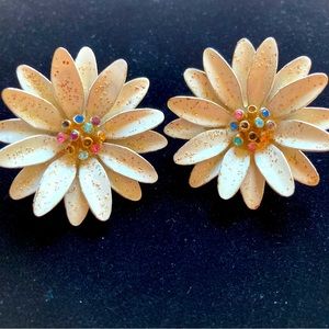 Vintage Flower Clip Earrings with Glittery White Petals and Sequined Centers